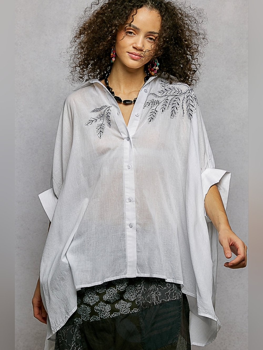 POL Button Down Embroidered Floral High-Low Hem Shirt